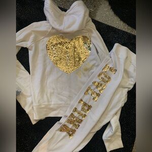 PINK Victoria's Secret Y2K Cream and Gold Embellished Sequin Sweatsuit
